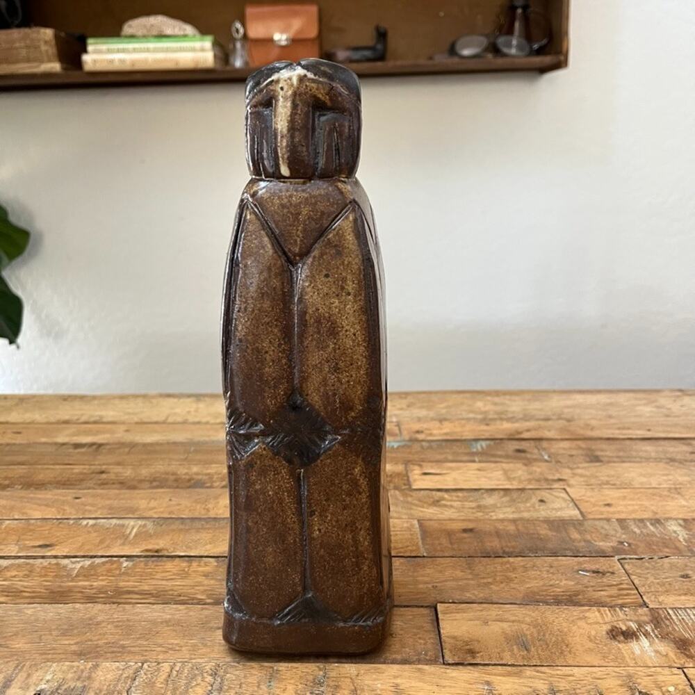Stoneware Folk Art Figurine Cloaked Ponytail Brown Glaze 11 in
